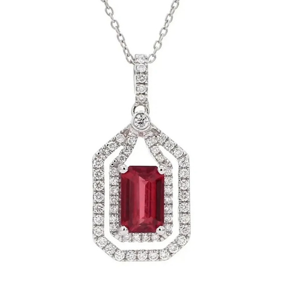 🎁 Double Layer Hollow Ruby Radiant Cut Red Zircon Micro Pave Necklace, EVGG1067 - Picture 1 of 7